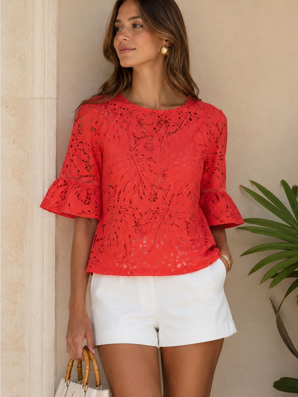 RSVP by Talbots Coral Leaf Lace Flounce Bell Sleeve Blouse Medium